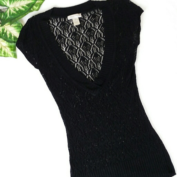 White House Black Market Tops - WHBM Black Lattice Cut Out Deep V Neck Tunic Yop